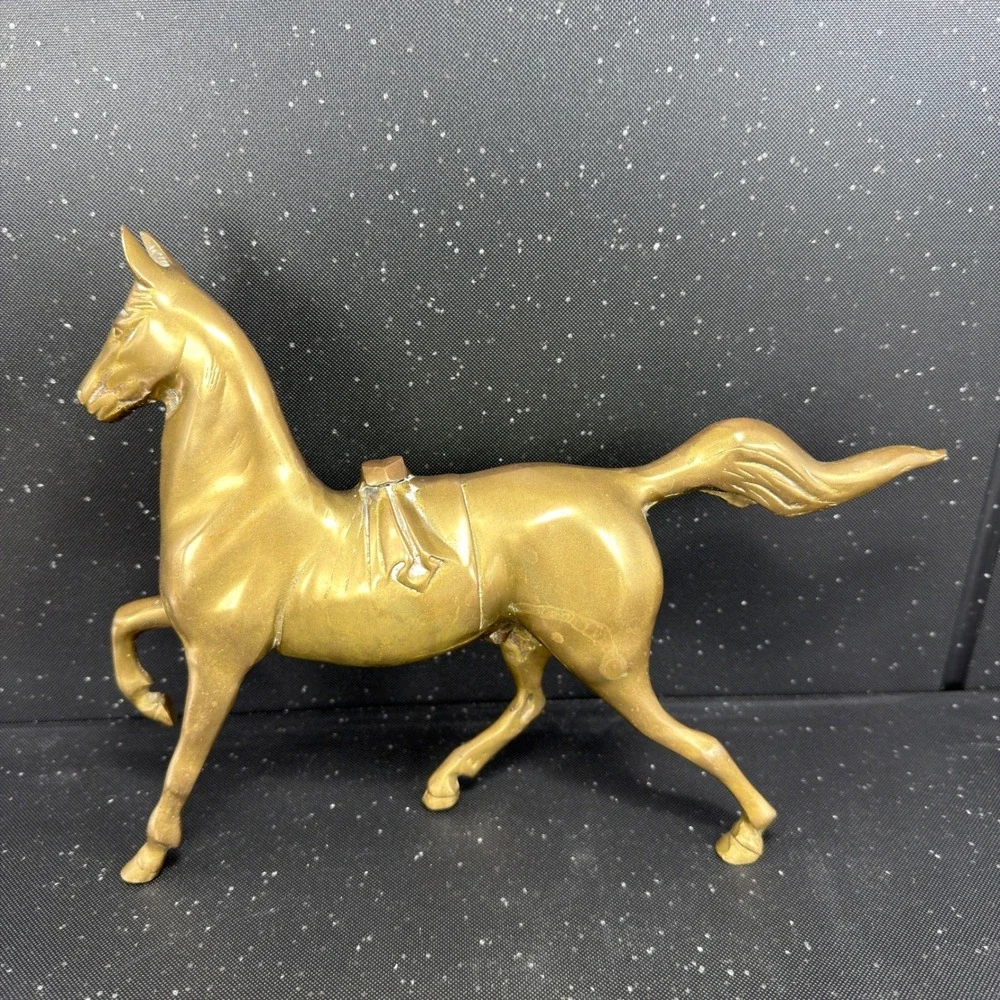 Vintage Brass Trotting Horse Figurine Heavy Equestrian Decor 10.5 Inch Figure